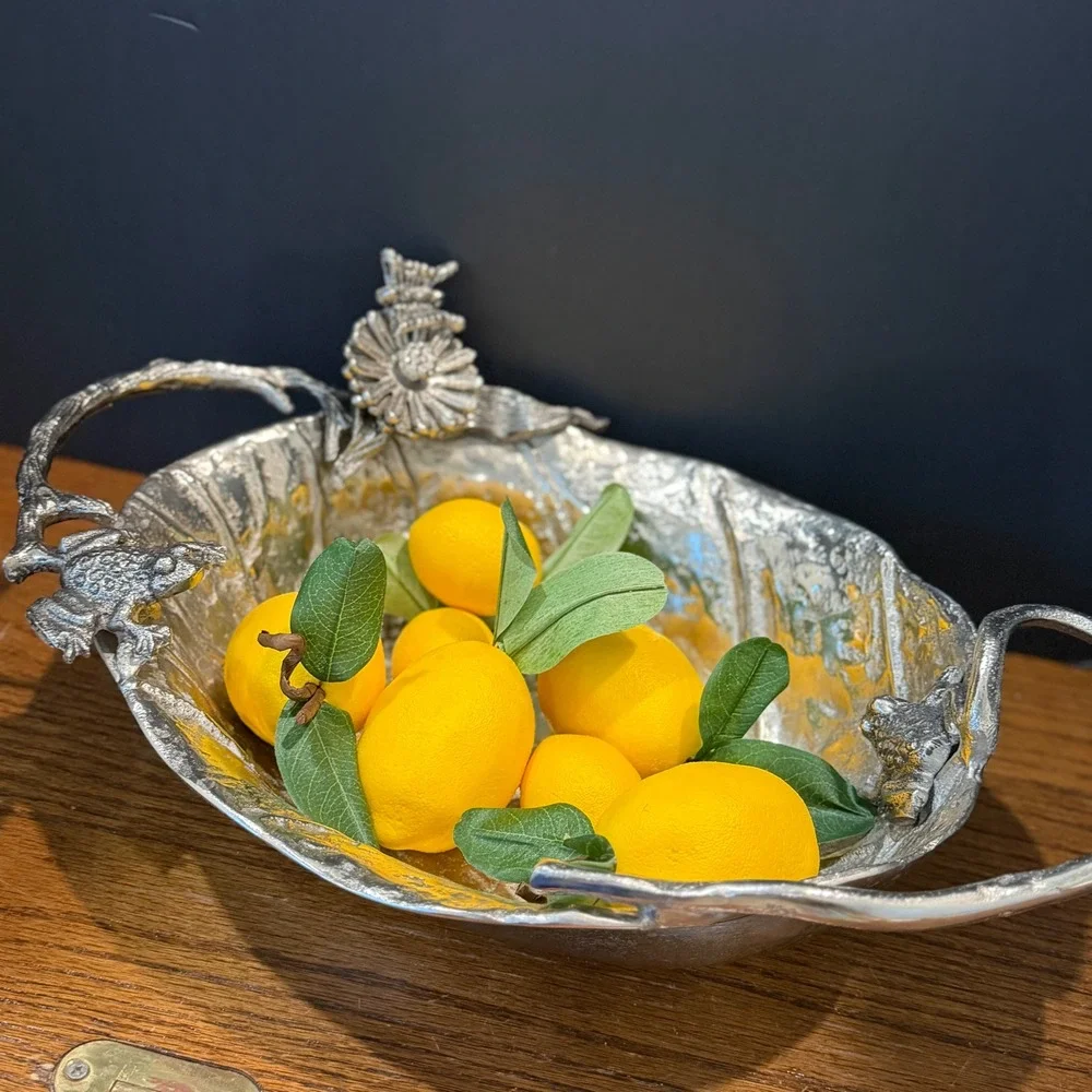 Aluminum Leaf Bowl Frog Flower Butterfly Nature Serving‎ Dish Silver Boho Decor